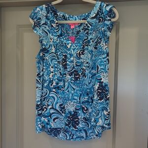Lilly Pulitzer Blue Ruffled Cap Sleeve Blouse NWT Size Large